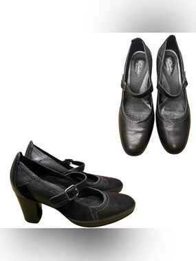 Clarks Artisan Black Leather Mary Jane Block Heels S8.5